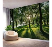 Papier Peint Panoramique Intissé Paysage De Forêt 400 x 280 cm - Papier Peint Mural Non Tissé pour Salon et Chambre à Coucher TV Fond Décoration - Effet 3D Pastorale Tronc D'Arbre Herbe Verte