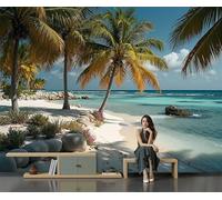 Papier Peint Panoramique Intissé Paysage La Mer Des Caraïbes, 396X280 Cm Murales Panoramique Style Tropical Pour Salon, Adulte Chambre D'Enfants, Restaurant Décoration, Bleu Ciel