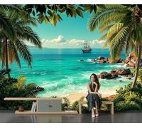 Papier Peint Panoramique Intissé Paysages Plage Tropicale, 396X280 Cm Murales Panoramique Style Photoréaliste Rétro Pour Salon, Adulte Chambre D'Enfants, Restaurant Décoration, Bleu-Vert