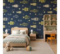 Papier Peint Panoramique Intissé Petits Poissons Mignons Dessinés Main 200X140Cm | Papier Peint Photo Animaux Japonais Animé,Fresque Murale Bleu,Affiche Géante Pour Salon Chambre Décoration Murale