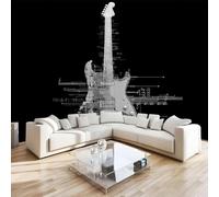 Papier Peint Panoramique Intissé Photo Mural Guitare Noire Et Blanche 300x210 cm 3D Motif Muraux Geant Mat Poster Minimalisme Musical Décoration murale Art non tissé décoration chambre TV mur salon