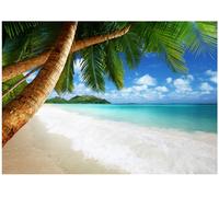 Papier peint photo non tissé à motif de plage, mer, palmiers, bleu des Caraïbes, océan, 350 x 250 cm, avec colle, pour salon, chambre à coucher, couloir - Moderne - Papier peint non tissé - Résistant
