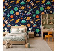 Papier Peint Panoramique Intissé Thème Spatial Dessin Animé 250X175Cm | Papier Peint Photo De Mignons Astronautes Planète,Fresque Murale Bleu Foncé,Affiche Géante Pour Salon Chambre Décoration Murale