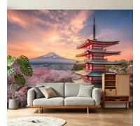 Papier Peint Panoramique Japonais Paysage, Papier Peint Pagode Mont Fuji Fleurs, Murale Intissée 350 x 256 cm Non Tissé Décoration XXL Murale Pour Salon, Chambre