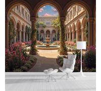 Papier Peint Panoramique Jardin Cloître Fontaine, Papiers Peints Cour Classique Européenne 250x175cm, Poster Geant Mural Impression Pour Salon Chambre - Moderne Décoration Murale, Couleurs Chaudes