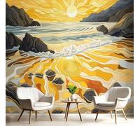 Papier Peint Panoramique Jaune Orangé Plage Du Coucher Du Soleil 250X170Cm Revêtement Mural Paysage Abstrait Poster Tableaux Photo Muraux Utilisé Pour Salon Chambre D'Enfant Décoration Murale