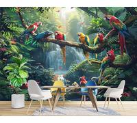 Papier Peint Panoramique Jungle Animal Oiseau Perroquet Cascade 400 (W) x 280 (H) cm, Papier Peint Géant 3D Salon Chambre Salle à Manger Chambre d'Enfant Décoration Murale