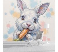 Papier Peint Panoramique Lapin Mangeant Des Carottes Papier Peint Poster, Portrait Animalier À L'Aquarelle Muraux Photo, Blanc Revêtement Murales Pour Chambres de garçon et de fille 250x175cm