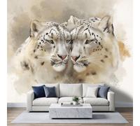 Papier Peint Panoramique Léopard des Neiges Murales 400 X 280 cm | Murales Panoramique Fauves Aquarelle Nature pour Salon Adulte Chambre d'enfants Restaurant Décoration Poster Papier Peint