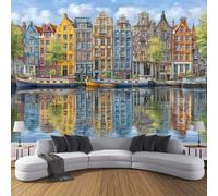 Papier Peint Panoramique Les Reflets Des Maisons Des Canaux D'Amsterdam, Vue Sur La Ville Mural Fond D'écran, Multicolore Revêtement Murales Pour Salon Chambre Couloir TV Fond Décor Mural 350x256cm