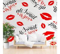 Papier Peint Panoramique Lettres Peintes Lèvres Papier Peint Intissé Poster Mural xxl Lèvres Rouges en Forme D'Amour Poster Geant Mural 3D pour Salon Chambre Décoration Murale 350x256cm(L x H)