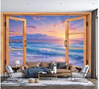 Papier peint panoramique Lever De Soleil Sur La Plage 250 x 175cm - Revêtement mural décoration chambre salon - Design moderne - Bleu Orange Rose - Vue Relaxante Sur La Mer vue depuis la fenêtre