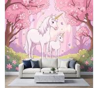 Papier Peint Panoramique Licorne Cerisier Fleurs Murales 390 X 260 cm | Murales Panoramique Forêt Féerique Pays Merveilles pour Salon Adulte Chambre d'enfants Restaurant Poster Papier Peint