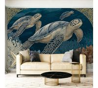 Papier Peint Panoramique Lignes Corail Tortue Étoile De Mer Papier Peint Intissé Photo Mural, 200 x 140 cm Poster Salon Chambre Mur de fond Chambre des Enfants Bureau Décoration de Maison, Bleu