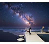 Papier Peint Panoramique Littoral Sous Un Ciel Nocturne, 350X256Cm (Lxh), Tapisserie Poster Geant Mural Bleu Profond, Personnalisé 3D Pour Salon Chambre D'Enfants Décoration Murale Paysage Voie Lactée