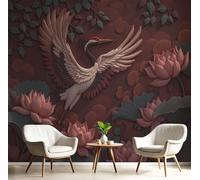 Papier Peint Panoramique Lotus 3D Grue, Papier Peint Mural Photo Motif Sculpture Japonaise En Bois Rouge Bordeaux, Tapisserie Panoramique Salon, Décoration Murale Chambre, 150X105Cm