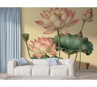 Papier Peint Panoramique Lotus Botanique - Papier Peint Intissé Autocollant - Fleur Orientale Aquarelle Décoration Murale - Adhésif Mural pour Salon Chambre, 200x140 cm - F-458