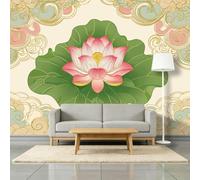 Papier Peint Panoramique Lotus Feuilles Vertes Nuages De Bon Augure 200 x 140 cm Murale, Style Chinois Papier Peint Intissé Photo pour Entrée Salle De Thé Bureau Décoration Murale