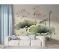 Papier Peint Panoramique Lotus Fleur Orientale - Papier Peint Intissé Autocollant - Botanique Nénuphar Décoration Murale - Adhésif Mural pour Salon Chambre, 450x315 cm - F-498