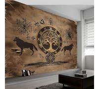 Papier Peint Panoramique Loup Animal d’Arbre Viking Ancien, Papier Peint Poster Mural Géant Rétro, Fresque Murale Moderne Personnalisée pour Salon Chambre d’Enfants Restaurant, 200 x 140 cm (L x H)