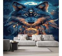Papier Peint Panoramique Loups Mythologie Nordique Intissé Poster Fresque Murale 3D Animaux Ciel étoilé Décoration Murale Art Wallpaper pour Salon Cuisine Bureau Chambre d'enfant 366x254 cm R-149