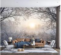 Papier Peint Panoramique Lumière Du Matin Forêt Brumeuse, 450x315cm Poster Geant Mural 3D Tranquillité Hivernale Tapisserie Soie Décoration Murale pour Salon Chambre à Coucher Fond TV, Blanc Cassé