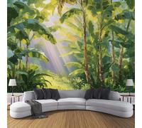 Papier Peint Panoramique Lumière Soleil Reflète Sur Bananiers. - 400x280cm - Revêtement mural décoration salon - Peinture À L'Huile Jungle 3D Poster Geant pour Salon Chambre restaurant Vert Émeraude