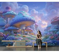 Papier Peint Panoramique Maison Aux Champignons La Forêt, Papier Peint Intissé Style Dessin Animé Onirique Fresque Murale, 150 X 105 Cm Poster Geant Mural Pour Salon Chambre Décoration