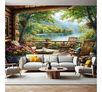 Papier Peint Panoramique Maison des arbres verts du lac 3D Trompe L'oeil Moderne Papier Peint 250 x 175 cm Grandes Murales Poster pour Salon, Adulte Chambre d'enfants, Étude Décor