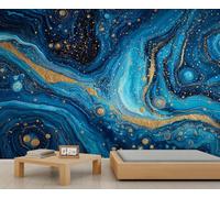 Papier Peint Panoramique Marbre Bleu Royal et Or Papier Peint Marbre Bleu Abstrait Mural Motif Galaxie pour Chambre Salon Mur TV Décoration Murale TV Artistique Poster 390 X 260 cm
