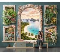 Papier Peint Panoramique Mer fleurs sculptée en trois dimensions, Papier Peint Fenêtres cintrées baie plage pour Chambre, Décoration Murale pour Salon, 400x280cm Poster Mural & Wallpaper Cyan
