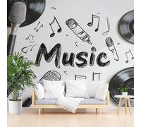 Papier Peint Panoramique Microphone et Disque Vinyle Poster Geant Mural, Musique Artistique Peinture Grise Papier Peint Intissé Mural pour Salon Canapé TV Fond Décoration Murale 500x280cm(L x H)