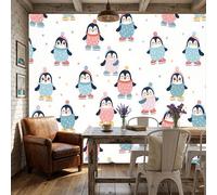 Papier Peint Panoramique,mignon de pingouins patinant sur glace 3d 250x175cm,Décoration murale,Tapisserie décorative pour chambre salon,style animal de dessin animé,Blanc fond de texture romantique