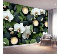 Papier Peint Panoramique Minimaliste Fleurs Décoration Murale 350 x 256cm | Géant 3D Papier Peint Intissé pour Salon Chambre Salle à Manger Chambre d'Enfant, Moderne Zen Orchidée Pierre Poster