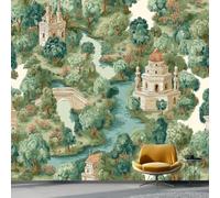 Papier Peint Panoramique Modèle D'Architecture Fluviale 300 x 210 cm, Style Rétro Poster Photo Mural Papier Peint Moderne Décoration Murale Salon Chambre á Coucherr Bureau Enfant Chambre, Vert