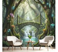 Papier peint panoramique moderne 350x256cm - Revêtement mural décoration pour chambre salon - Design unique et moderne - Paysage de forêt fantastique Vignes cascades pont en arc de pierre - Vert