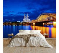 Papier Peint Panoramique Moderne Église Vue Nocturne Architecture Ville 200 x 140 cm Tapisserie Murale Intissée Haute Qualité - Décoration Murale, pour Déco Chambre d'Enfant et Bureau Bleu Foncé