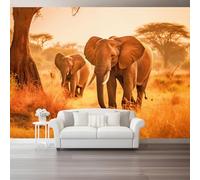 Papier peint panoramique moderne Éléphants des prairies Nature Revêtement mural décoration pour chambre salon 250 x 175 cm Design unique et moderne Brun chaud Couleur chaude