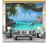 Papier peint panoramique moderne Impressionnisme Plage Cocotiers Revêtement mural décoration pour chambre salon 200 x 140 cm Design unique et moderne Bleu