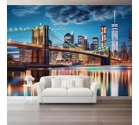 Papier peint panoramique moderne Vue nocturne de Bridge City Revêtement mural décoration pour chambre salon 350 x 256 cm Design unique et moderne Couleur froide bleu-orange