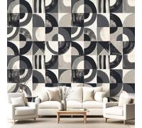 Papier Peint Panoramique Modernisme du milieu du siècle 450 x 315 cm(L x | H), Tapisserie Murales Papier Peint Géométrique Cercles Carreaux Gris Intissé Fresque Murale, Decoration Chambre Salon