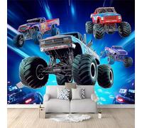 Papier Peint Panoramique Monster Truck Bleu 350x256 cm Papier Peint Poster Mural 3D, Tapisserie Photo Peinture Murale Intissé Fresque pour Salon Chambre Toile Fond TV