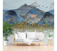 Papier Peint Panoramique Montagne Luxueuse Feuille D'Or Bleu Poster Mural, Coucher De Soleil Paysage De Montagne Papier Peint Intissé Mural pour Salon Canapé TV Fond Décoration Murale 500x280cm