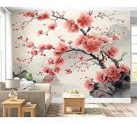 Papier Peint Panoramique Montagnes Japonais Fleurs de Cerisier 3D - Motif Aquarelle Peinture De Paysage - Décoration Murale pour Salon & Chambre, Intissé Autocollant Papier Mural, 150x100 cm F-121