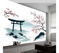 Papier peint panoramique Montagnes Rivières Fleurs Prunier, Papier peint Peinture à l'Encre de Chine art esthétique moderne pour salon adulte chambre d'Enfants restaurant murale 350L x 256H cm