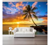 Papier Peint Panoramique Motif De Palmier De Paysage Marin, 400 x 280 cm Style Tropical Naturel Papier Peint Intissé Photo Murale pour Salon Chambre d'enfants Décoration Murale, Bleu Jaune