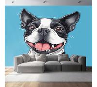Papier Peint Panoramique Motif Du Boston Terrier 200 x 140 cm, Style De Dessin Animé Poster Photo Mural Papier Peint Moderne Décoration Murale Salon Chambre á Coucherr Bureau, Bleu Clair