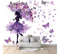 Papier Peint Panoramique Motif Floral Fille Papillon Violet 400x280 cm Poster Geant Mural, pour Salon Chambre Chambre D'enfants Restaurant Décoration Murale