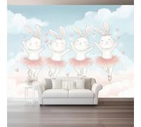 Papier Peint Panoramique Mural pour Salon 200 x 140 cm, Dessin Animé Lapin Ballet Nuages Intissé Papier Peint Panoramique Pour Chambre Restaurant Chambre D'Enfant Bureau Décoration Murale, Rose Blanc