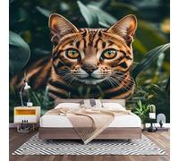 Papier Peint Panoramique Murale Animal Chat Du Bengale 250x175 cm Papier Peint Intissé Plantes Vertes Taille Personnalisée Grandes Poster Mural Photo Muraux pour Salon, Bureau, Décor Fond TV
